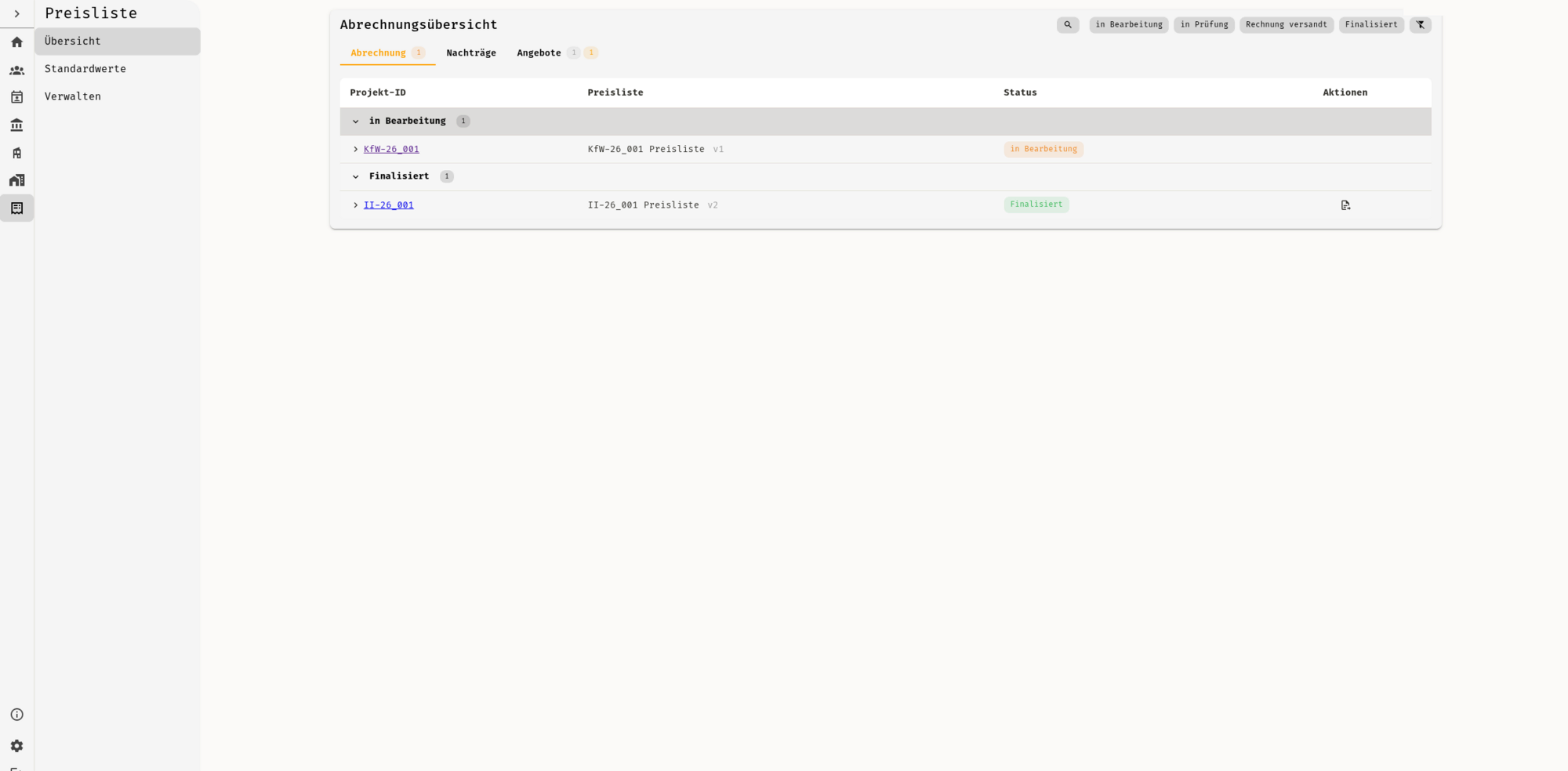 Abrechnungs-Dashboard mit Status-Filtern für Abrechnungen, Nachträge und Angebote