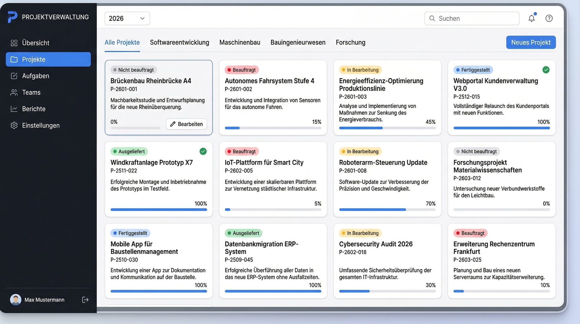 Obsivo Dashboard – Farbcodierte Projektübersicht mit Jahresauswahl