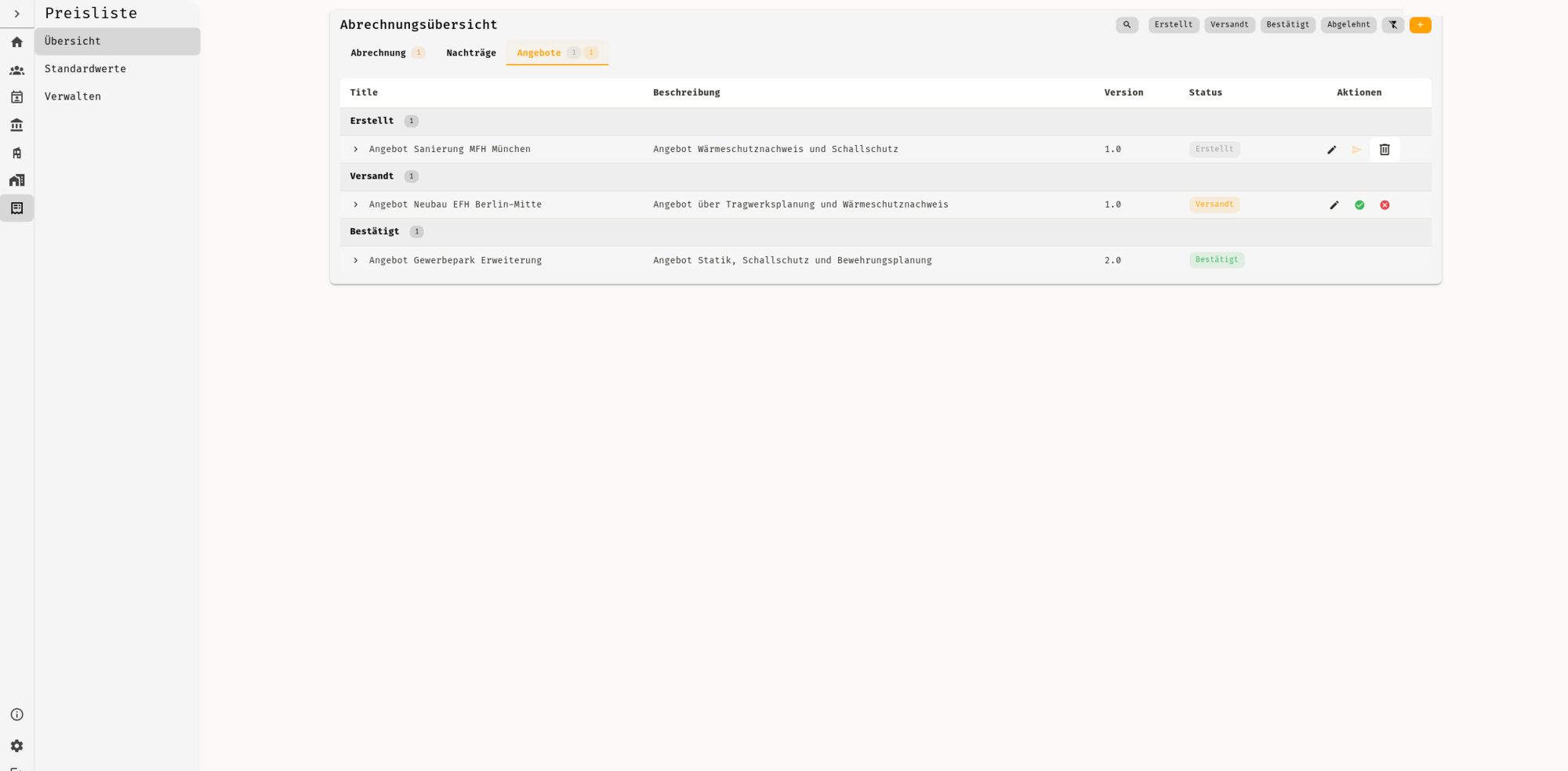 Obsivo Angebote – Angebots-Workflow von „Erstellt" über „Versandt" bis „Bestätigt" – inklusive Versionierung und Nachträgen.